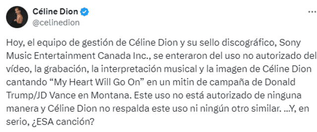  Celine Dion no autoriza el uso de su famosa canción y tampoco su imagen para fines políticos. Foto: @celinedion    