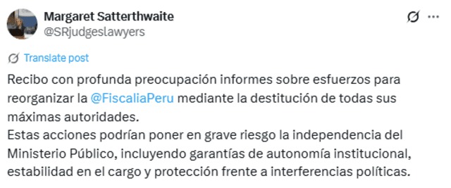 Pronunciamiento de la relatora de la ONU a través de su cuenta oficial de X. Pronunciamiento de la relatora de la ONU a través de su cuenta oficial de X.
