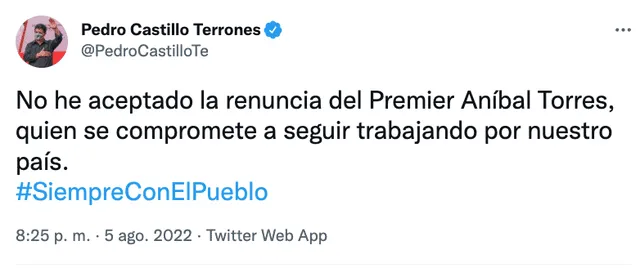 Pedro Castillo anuncia que no ha aceptado la renuncia de Aníbal Torres