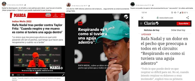 Publicaciones que han sido difundidas en redes sociales relacionando el problema de salud de Rafael Nadal con la inoculación contra la COVID-19. Fuente: Captura LR, Facebook.