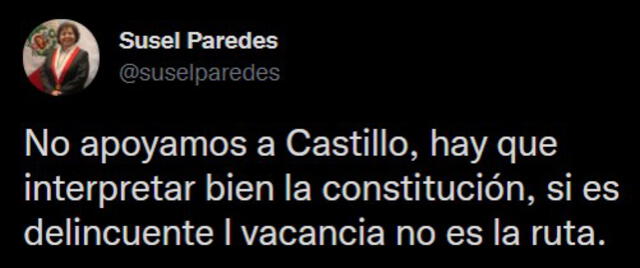 Susel Paredes rechaza apoyo a la admisión de vacancia presidencial. Foto: Captura de Twitter