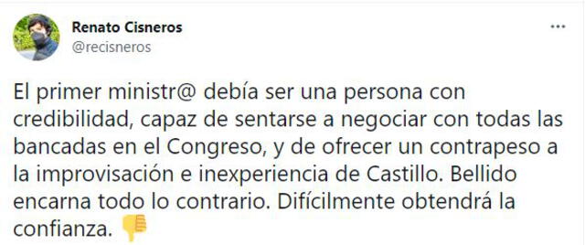 Mensaje de Renato Cisneros. Foto: captura/Twitter