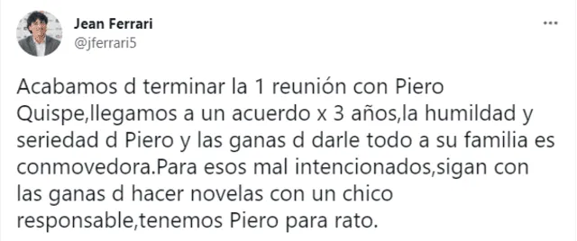 Jean Ferrari asegura que Piero Quispe renovaría por tres años con Universitario. Foto: captura Twitter