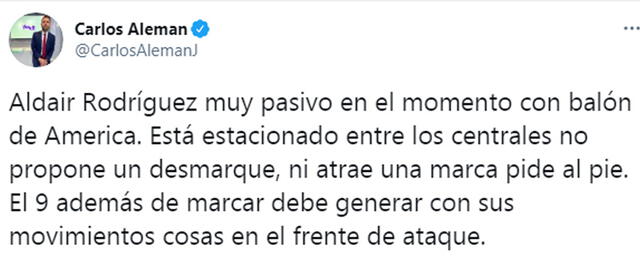 Carlos Aleman publicó su opinión sobre Aldair Rodríguez. Foto: Twitter