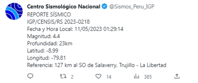 Sismo de magnitud 4.4 en Trujillo, La Libertad. Foto: IGP   