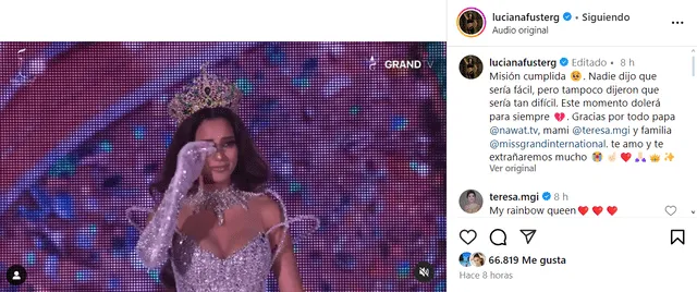 Luciana Fuster y su conmovedora carta de despedida del Miss Grand International. Foto: Instagram   