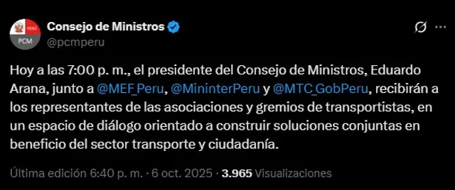  Comunicado del Consejo de Ministros, anuncia reunión con gremios de transportistas. Foto: difusión   