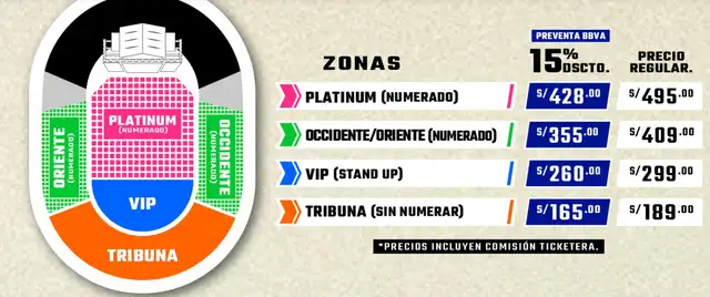 Las entradas están disponibles a través de Ticketmaster, desde S/189 hasta S/495, con descuentos del 15% para clientes BBVA durante la preventa del 22 al 23 de agosto. Las entradas están disponibles a través de Ticketmaster, desde S/189 hasta S/495, con descuentos del 15% para clientes BBVA durante la preventa del 22 al 23 de agosto.
