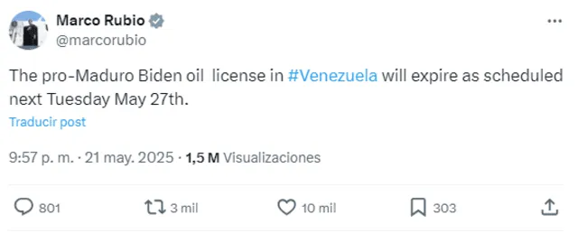  Senator Marco Rubio reacts to the expiration of Chevron’s oil license in Venezuela, calling it a “pro-Maduro Biden oil license”. Photo: Marco Rubio X account    