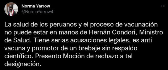 Congresista Yarrow pide salida de Hernán Condori del Minsa. Foto: captura de Twitter