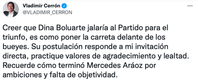 Vladimir Cerrón responde a vicepresidenta de la República, Dina Boluarte. Foto: Twitter de Vladimir Cerrón