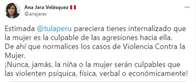 Ana Jara increpa a Tula Rodríguez por culpar a Dalia Durán de haber sido víctima de violencia. Foto: captura Twitter.