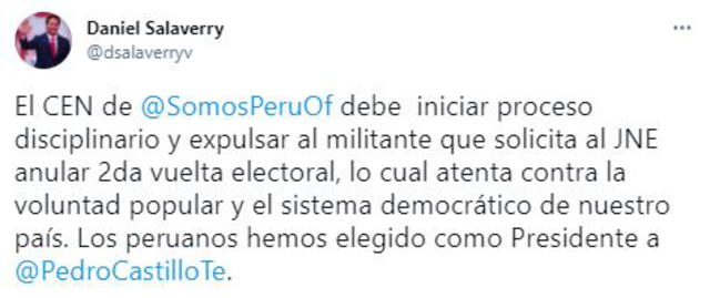 Daniel Salaverry reiteró que, a su consideración, Pedro Castillo es el ganador de la segunda vuelta de las elecciones 2021. Foto: captura Twitter