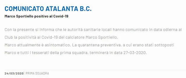 Coronavirus: Atalanta de Italia confirma primer caso de covid 19 portero Marco Sportiello | Serie A