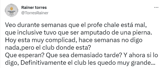 Rainer se pronunció sobre el caso de Roberto Chale. Foto: captura Twitter   