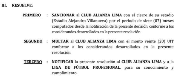 Resolución que castiga a Alianza Lima con el cierre de su recinto. Foto: 'X'   