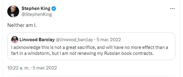 <em> King emuló la decisión de Barclay de retirar su obra del mercado ruso. Foto: captura de X</em>   