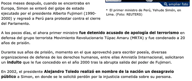 Yehude Simon, de preso por terrorismo a primer ministro peruano. El Mundo. España.