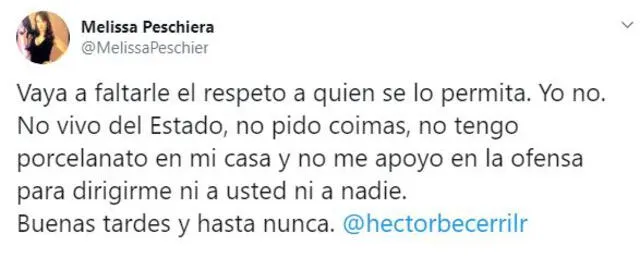 Respuesta de Melissa Peschiera a Héctor Becerril en Twitter.