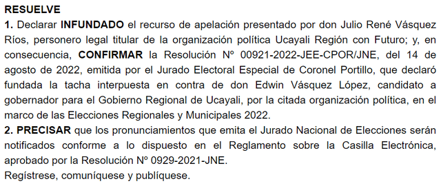Disposición de la resolución 3213-2022-JNE.