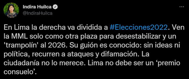 Indira Huilca considera que "Lima no merece un premio consuelo" en referencia a candidatos que buscan llegar a la MML con aspiraciones presidenciales. Foto: Captura de Twitter