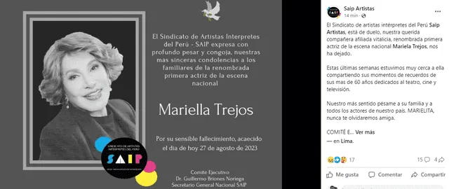 Mariella Trejos falleció. Foto: Facebook/SAIP   