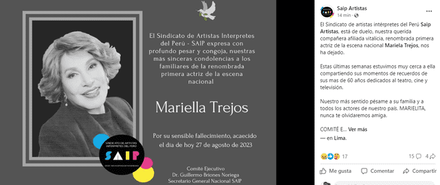 Mariella Trejos falleció. Foto: Facebook/SAIP   