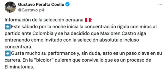 Maxloren Castro concentrará con la selección peruana para el partido ante Colombia por las Eliminatorias 2026. Foto: captura de Twitter/Gustavo Peralta   