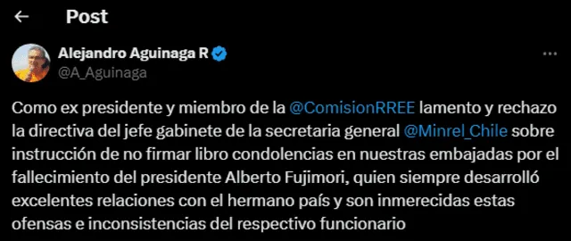 Alejandro Aguinaga sobre la negativa de firma al libro de condolencia de Alberto Fujimori. Foto: red social X   