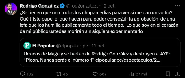  Rodrigo González mandó fuerte mensaje en sus redes sociales. Foto: X   