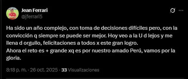 Ferrari y su mensaje para Universitario. Foto: vía X Ferrari y su mensaje para Universitario. Foto: vía X