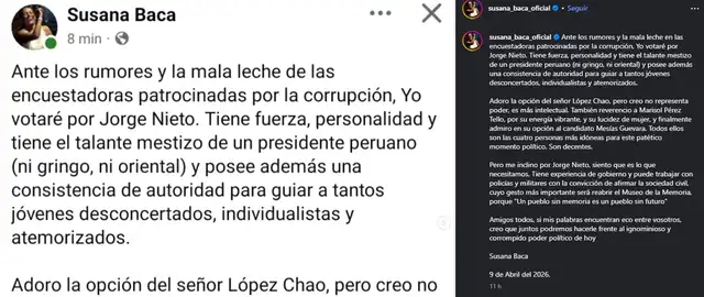 Mensaje de Susana Baca anunciando que votará por Jorge Nieto. Foto: Instagram.   
