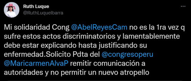 Congresista Ruth Luque se solidarizó con su colega parlamentarios Abel Reyes, quien fue agredido en el Aeropuerto Internacional Jorge Chávez.
