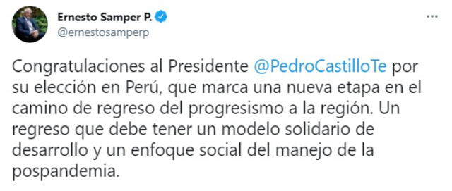 El expresidente de Colombia saludó a Pedro Castillo en Twitter. Foto: captura de pantalla/@ernestosamperp