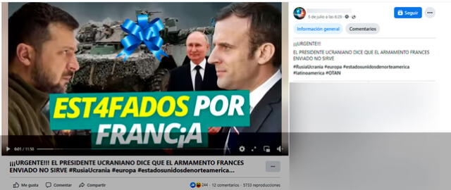  La publicación asegura que Volodímir Zelenski, presidente de Ucrania, anunció, supuestamente, que el armamento enviado por Emmanuel Macron “no sirve”. Foto: captura en Facebook.    