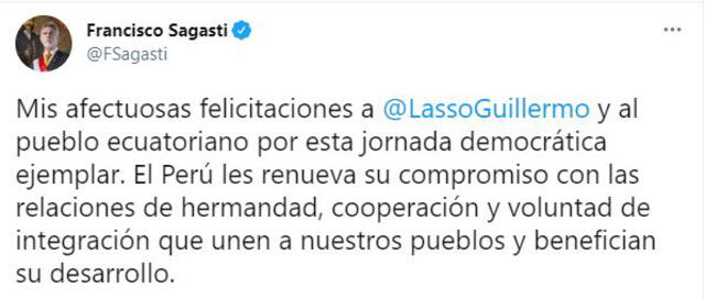 Sagasti Saluda a Guillermo Lasso por su triunfo en Ecuador. Foto: captura/ Twitter