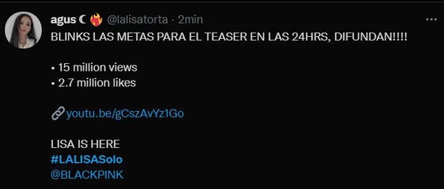 Metas del teaser de Lalisa de Lisa de BLACKPINK. Foto: captura Twitter