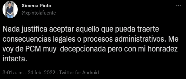 Ximena Pinto se pronuncia a través de su cuenta de Twitter.