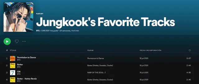Playlist de Jungkook en el perfil de BTS. Foto: captura/Spotify