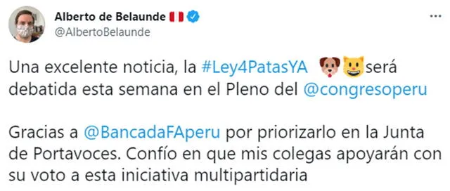 Mensaje de Alberto de Belaunde en Twitter.