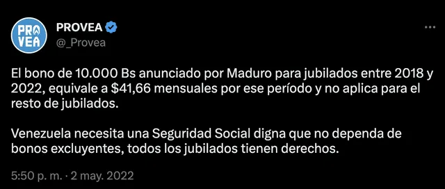 La ONG venezolana Provea informa sobre el anuncio del bono de 10 mil bolívares. Foto: _Provea/ Twitter   