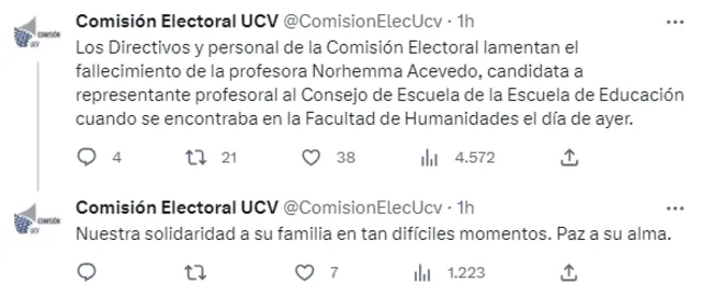 La Comisión Electoral UCV lamentó este fatídico suceso y extendió sus condolencias a sus familiares. Foto: Twitter/Comisión Electoral UCV.