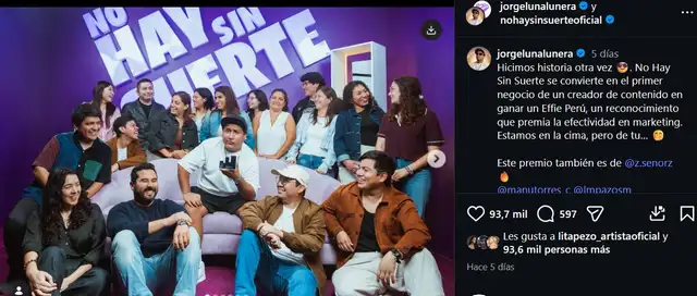 'No Hay Sin Suerte', la plataforma de beneficios impulsada por Jorge Luna, logra el Effie Plata en los Effie Awards Perú 2026, marcando un hito en el marketing digital peruano. 'No Hay Sin Suerte', la plataforma de beneficios impulsada por Jorge Luna, logra el Effie Plata en los Effie Awards Perú 2026, marcando un hito en el marketing digital peruano.