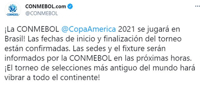 El comunicado de Conmebol sobre la Copa América 2021 en Twitter. Foto: Conmebol