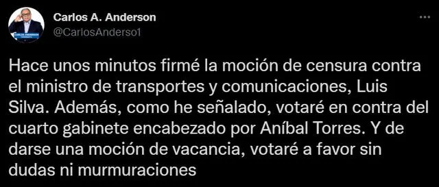 Carlos Anderson anuncia apoyo para censurar al ministro Juan Silva. Foto: captura de Twitter