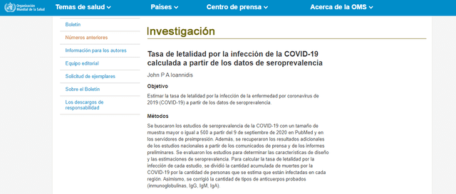 Investigación sobre letalidad del virus de la COVID-19. Foto: captura en web de la OMS.
