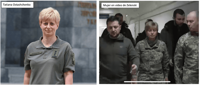 Comparación entre Tatiana Ostashchenko (izquierda) y la militar que aparece en el video de la visita al hospital (derecha). Fuente: Composición LR, Ministerio del Interior de Ucrania, Telegram.
