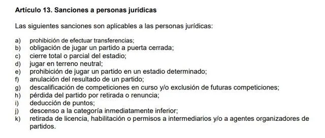 Artículo 13 del documento emitido por la FPF. Foto: captura   