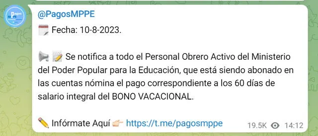 Este depósito se anunció con la entrega de la primera quincena. Foto: Pagos MPPE/Telegram