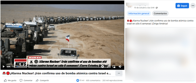  Desinformación sobre Irán en el contexto de la guerra entre Israel y Hamás. Foto: captura en Facebook.    